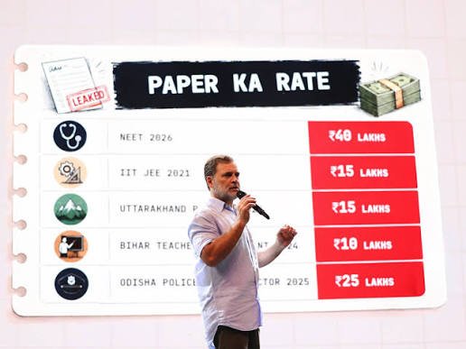 You are currently viewing NEET Paper Leak: राहुल गांधी का ‘रेट कार्ड’ वार! 152 बार पेपर लीक और 7.5 करोड़ छात्रों के भविष्य की खुली नीलामी का लगाया आरोप